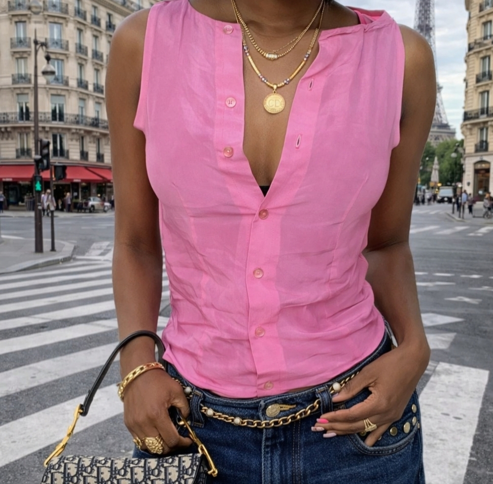Women's Pink Sleeveless Silk Button-Up Top